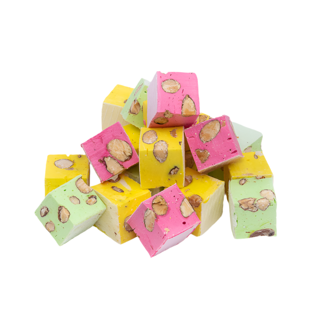 Nougat cube aux amandes citron, fraise, pistache par 8
