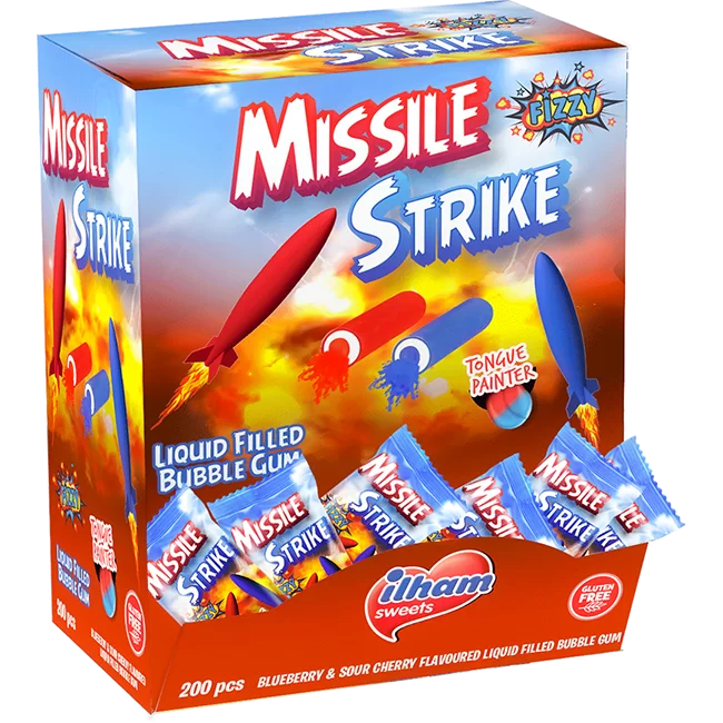 Missile Strike chewing gum, blueberry and tart cherry flavor, individually