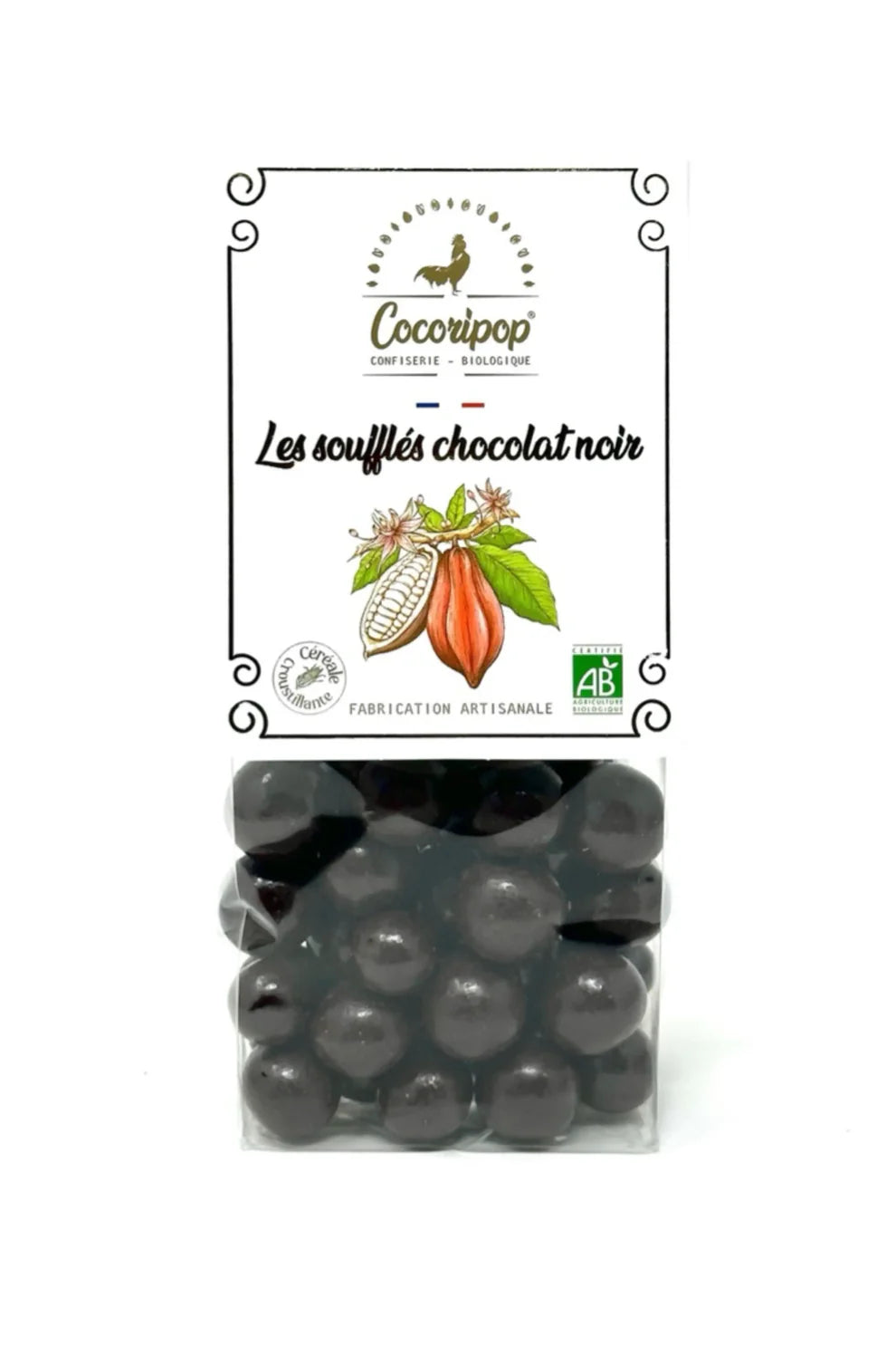 Soufflés Chocolat Noir Bio – Billes croustillantes enrobées 73 % cacao (100 g)